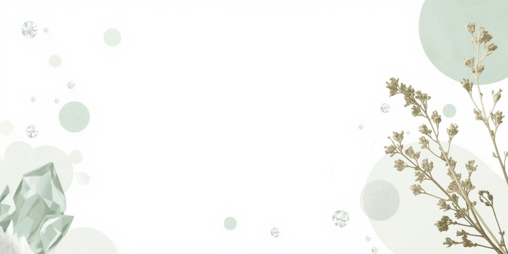 a minimal and clean website banner in a soft light greenish color palette, featuring subtly integrated icons of delicate gems, sparkling crystals, and dried herbs. the overall aesthetic is sophisticated